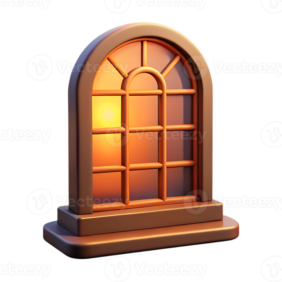 Arched window with warm sunlight isolated on transparent background png