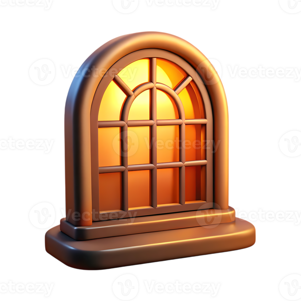 Ornate arched window with warm glow isolated on transparent background png