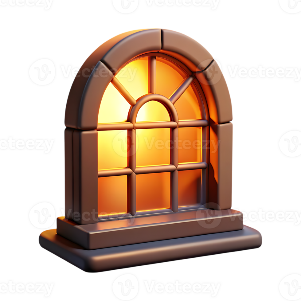 Arched window with warm light isolated on transparent background png
