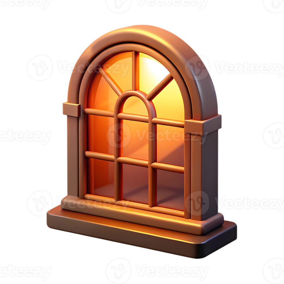 Arched window with bronze frame and orange light isolated on transparent background png