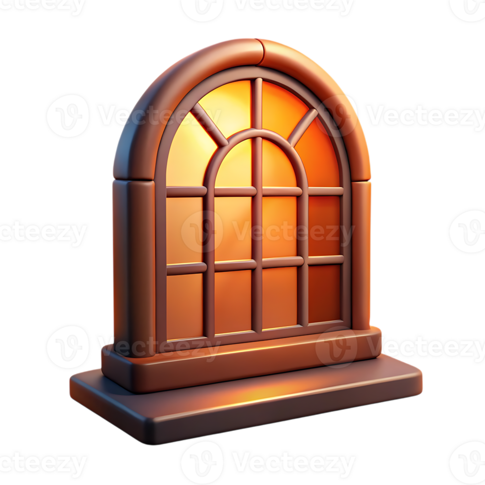 Stylized arched window with warm glow isolated on transparent background png