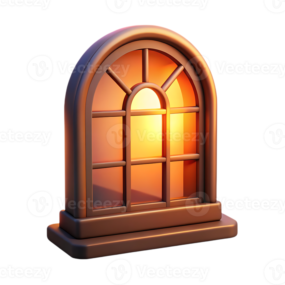 Warmly lit arched window with bronze frame isolated on transparent background png