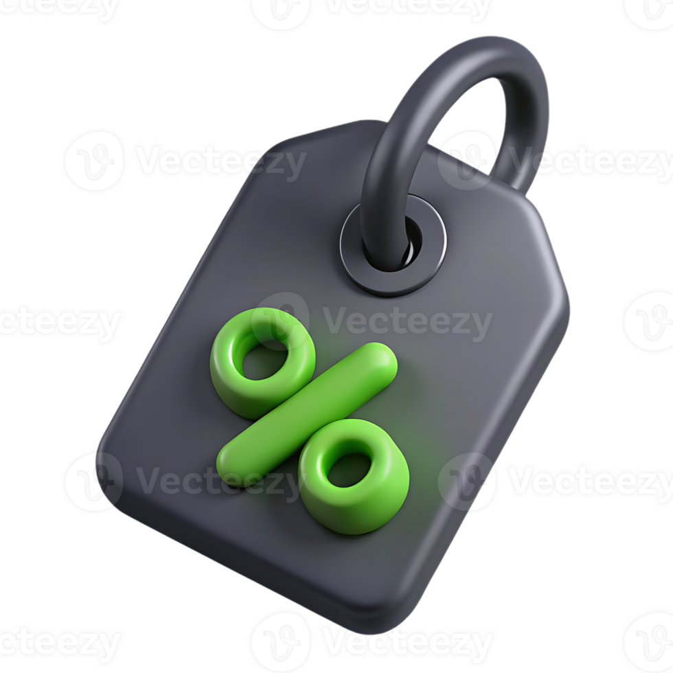 3d dark tag with green percentage symbol isolated on transparent background png