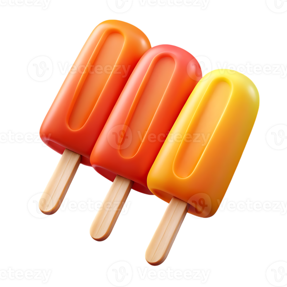Three colorful fruit popsicles isolated on transparent background png