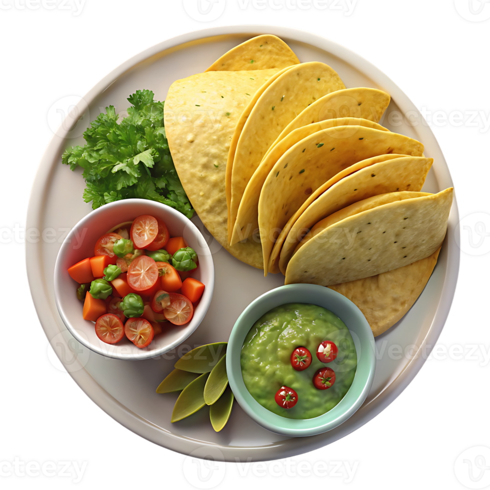 Delicious taco platter with salsa and guacamole isolated on transparent background png