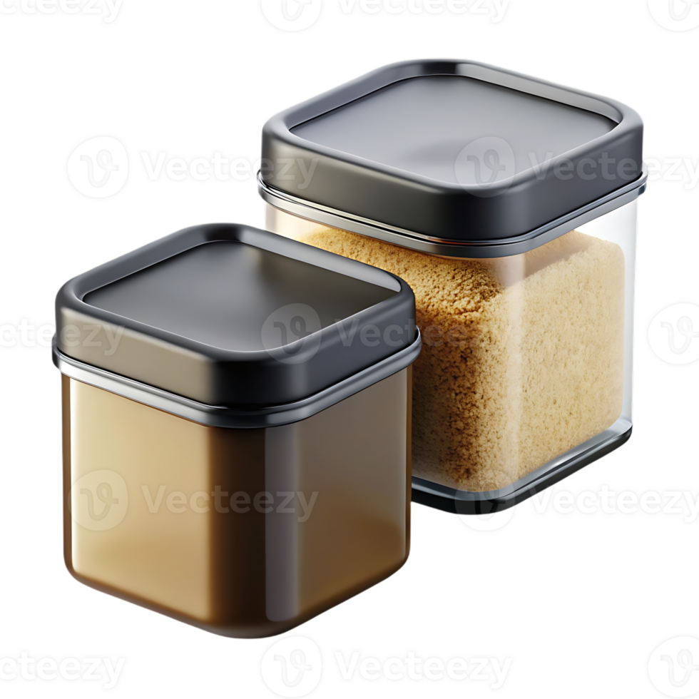 Two clear square jars with black lids isolated on transparent background png
