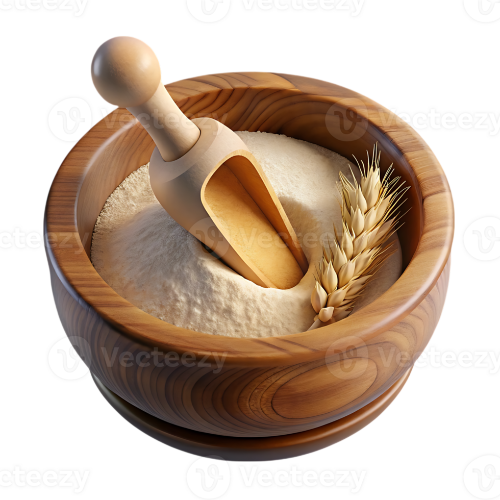 Wooden bowl filled with flour and scoop isolated on transparent background png