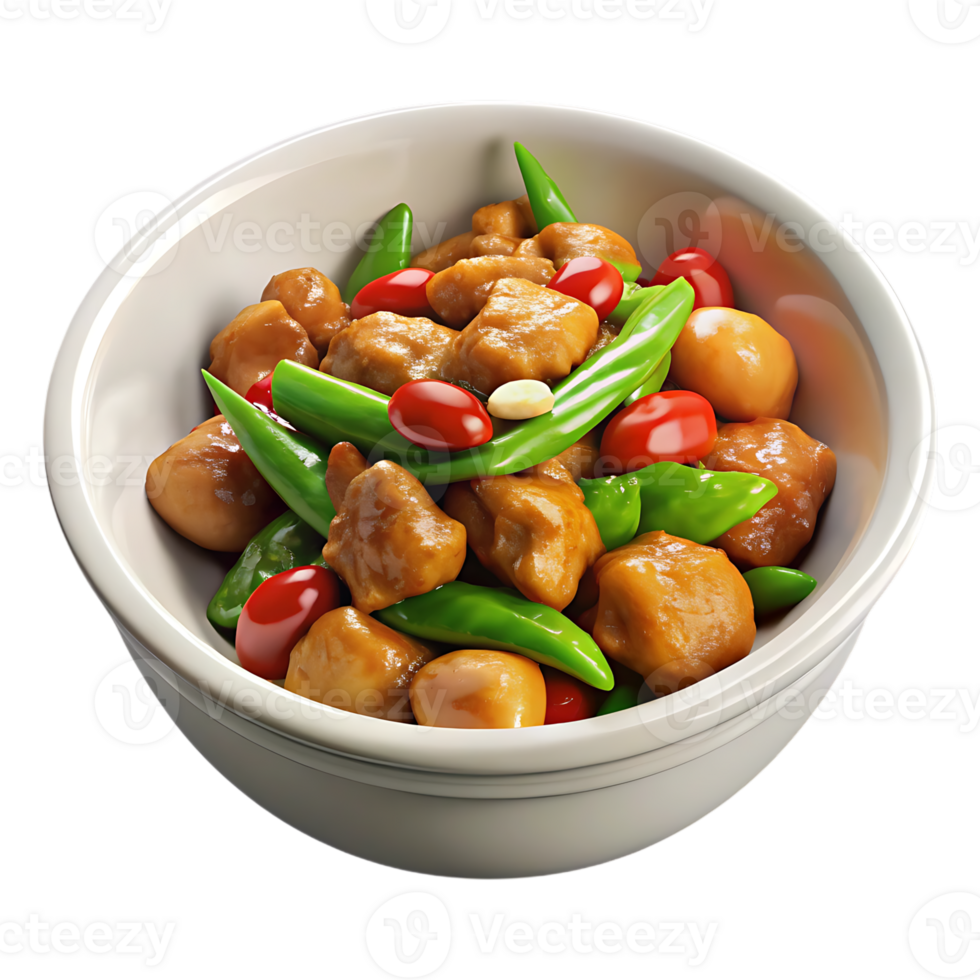 Delicious cashew chicken stir fry in a bowl isolated on transparent background png