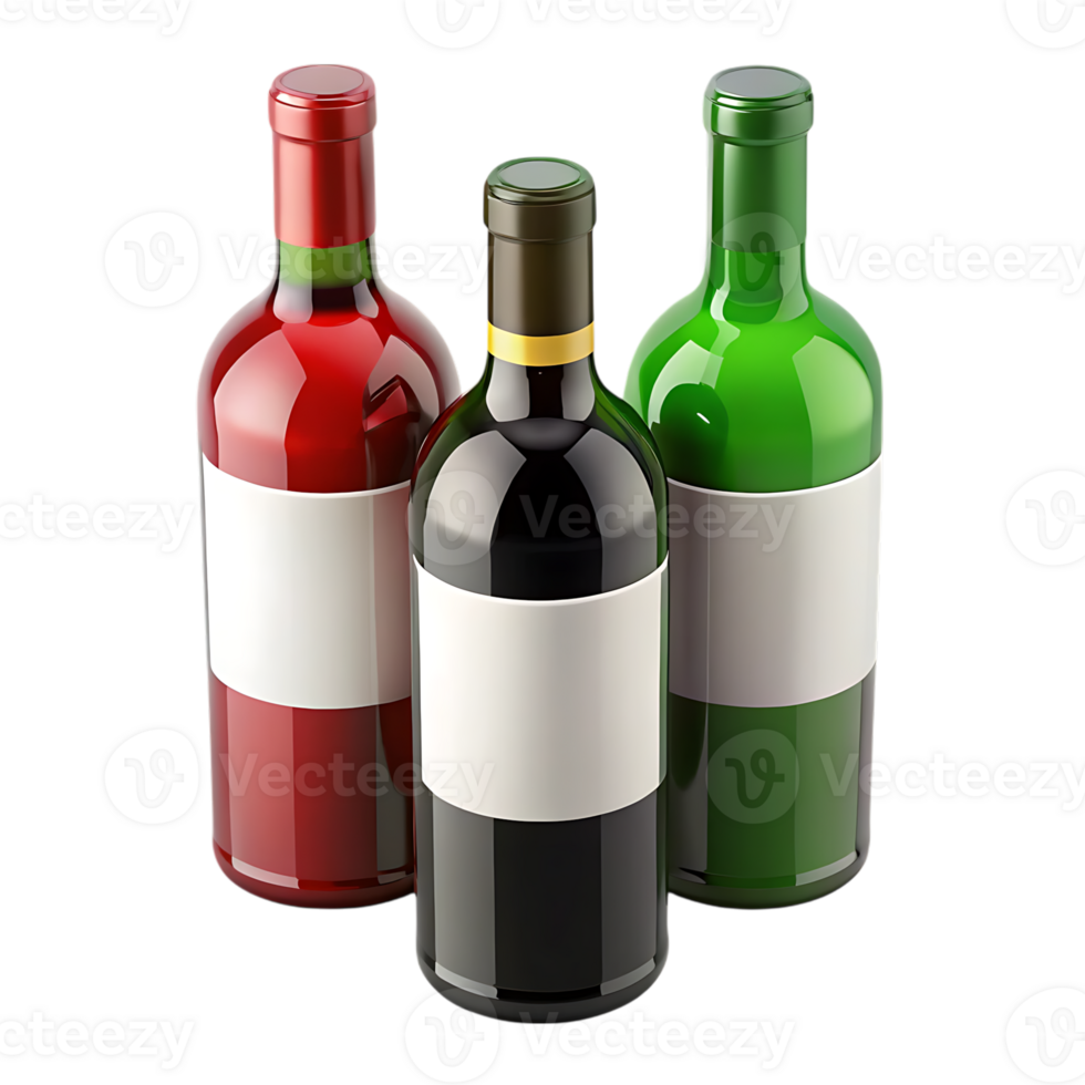 Three wine bottles with blank labels isolated on transparent background png