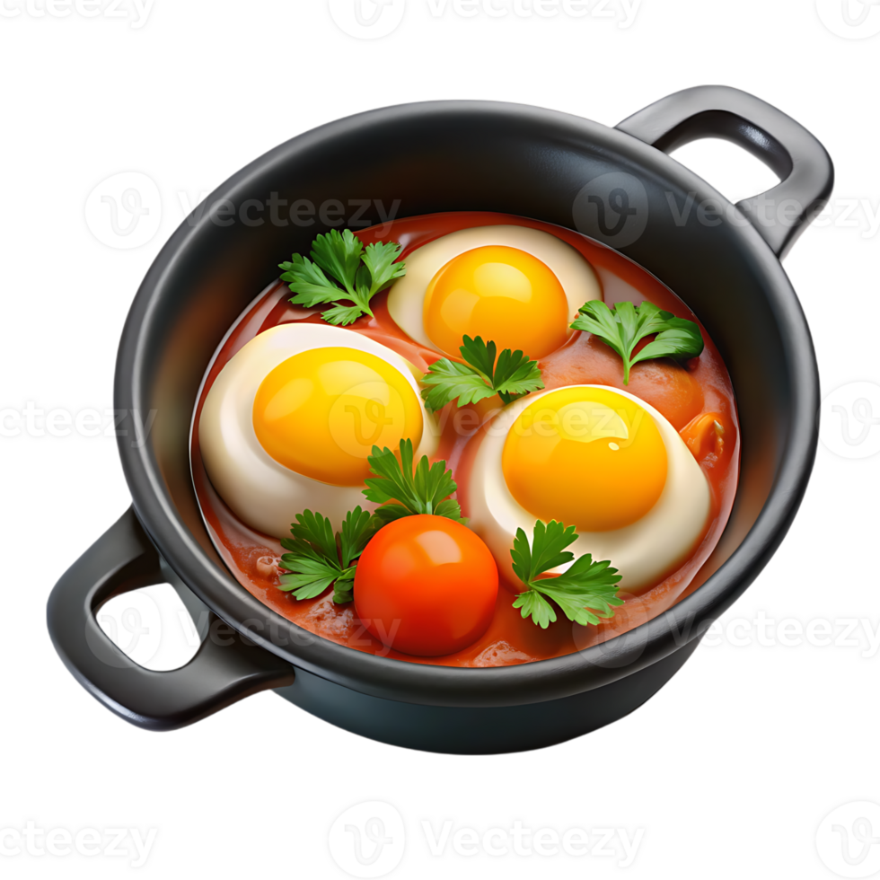 Shakshuka with eggs and fresh parsley in a pot isolated on transparent background png