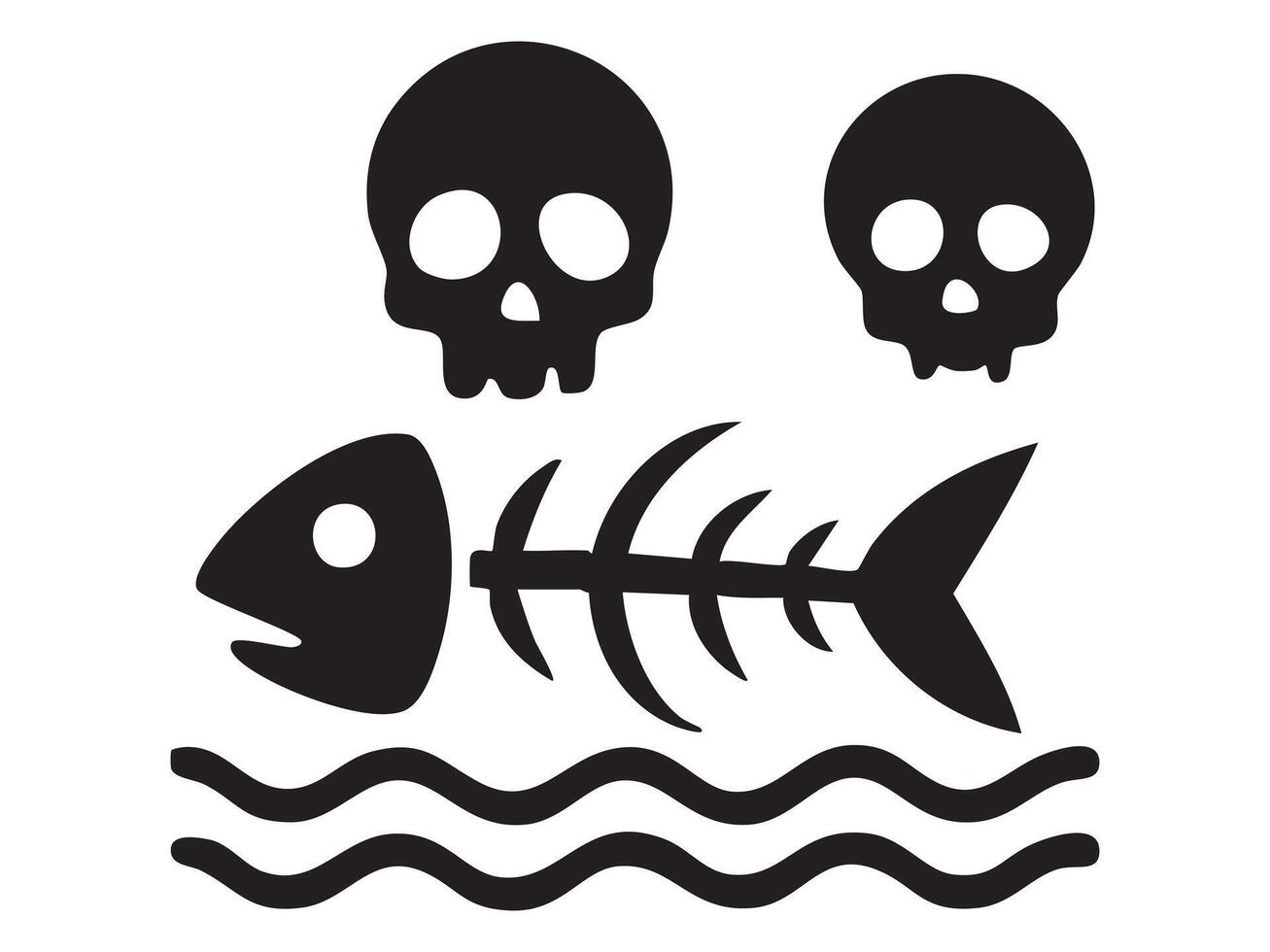 Black silhouette of environmental pollution icon with skulls and fish bones isolated on white background. concept of pollution, toxicity, danger, environmental hazard, graphic element vector