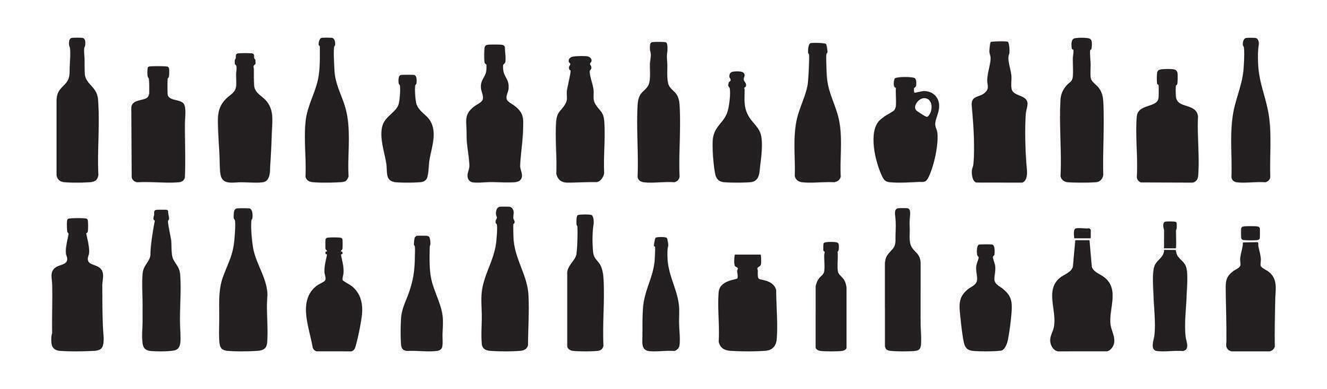Set of Black silhouettes of alcohol bottles in various shapes, isolated on white background, graphic illustration. concept of beverage container, bar, wine, icon, logo, design element vector