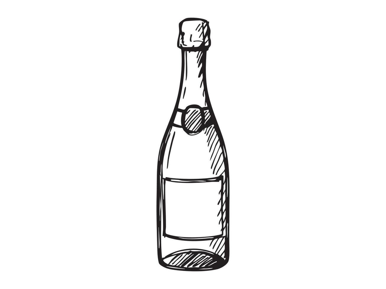 Hand-drawn illustration of champagne bottle in black and white on white background. concept of celebration, party, beverage, festive drink, wine, isolated, icon, design element vector