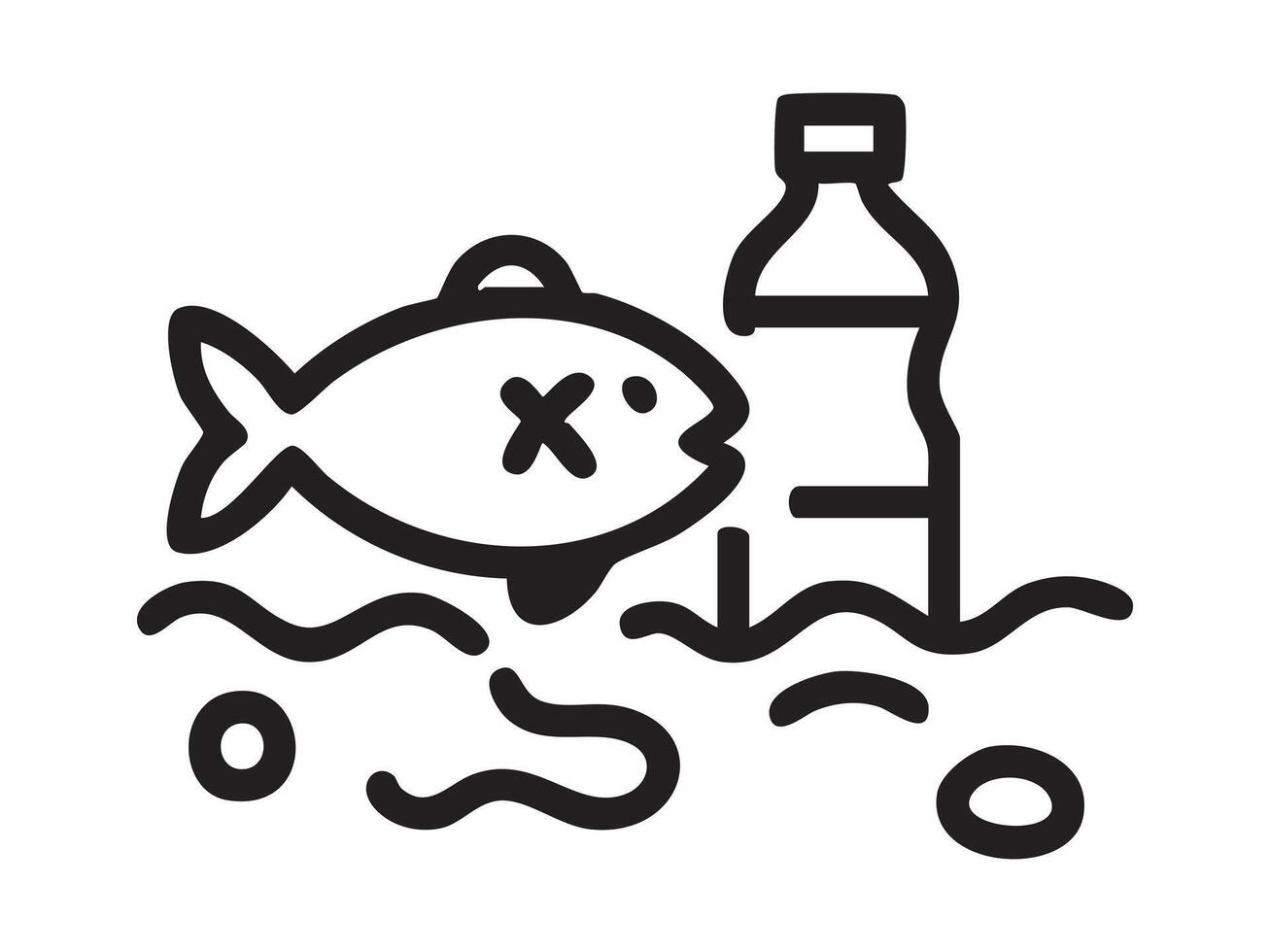 Black outline of fish and plastic bottle in water, graphic illustration. concept of environmental pollution, plastic waste, ocean contamination, nature conservation, ecosystem. vector