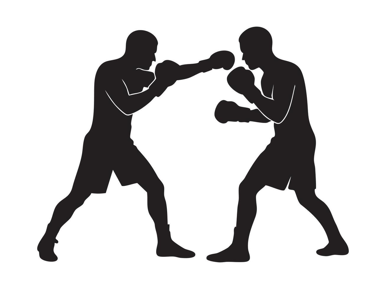 Black silhouette of two boxers in fighting stance, isolated on white background, graphic illustration. concept of sport, competition, martial arts, athletic training, logo, icon vector