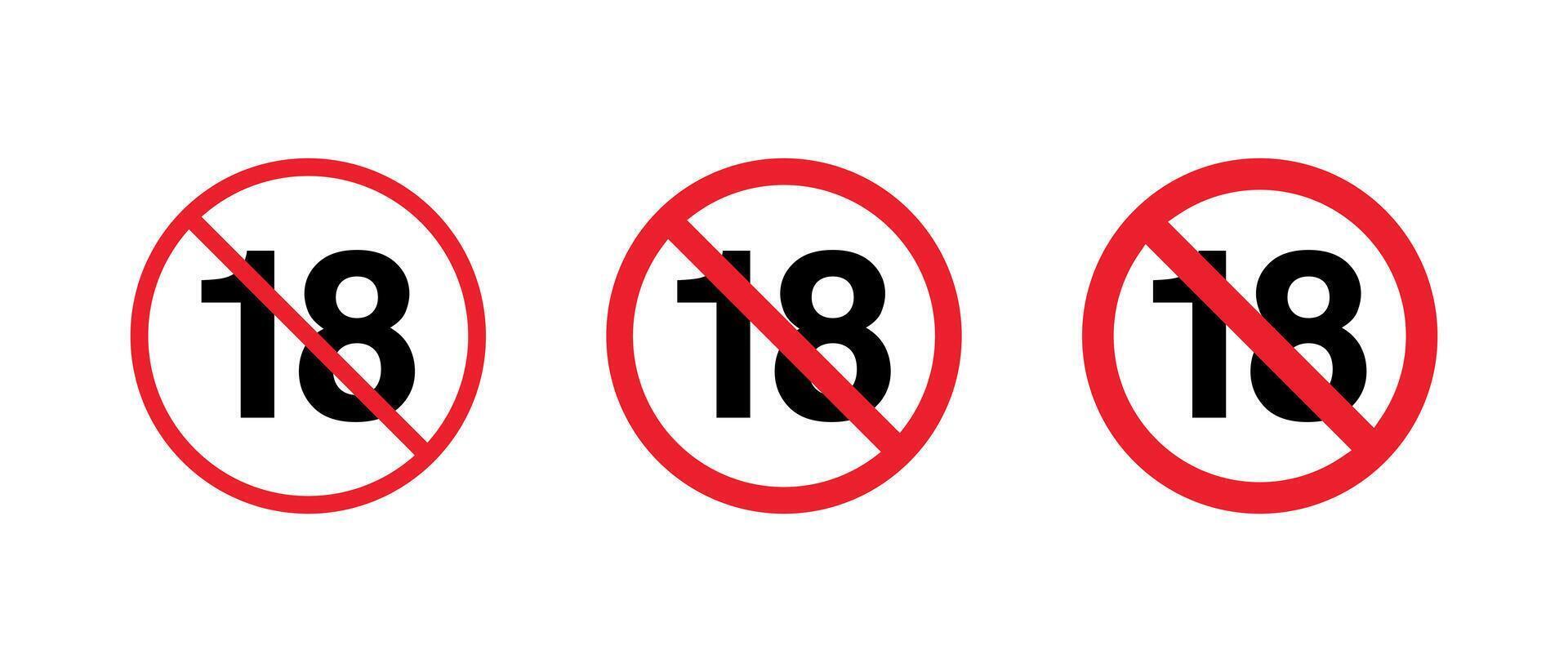 Under 18 prohibited icon set. Age restriction warning sign. Eighteen banned symbol vector
