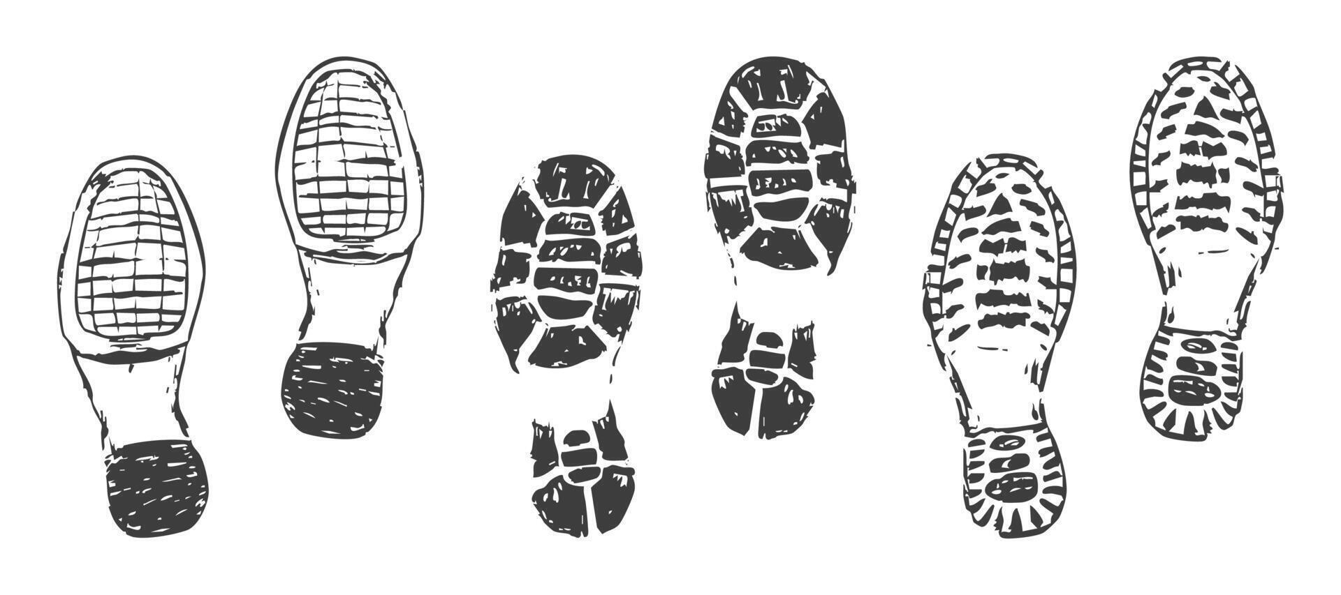 Shoe print boot, foot step silhouette mark. Boot print textured grunge. Mountain boot hiking imprint vector