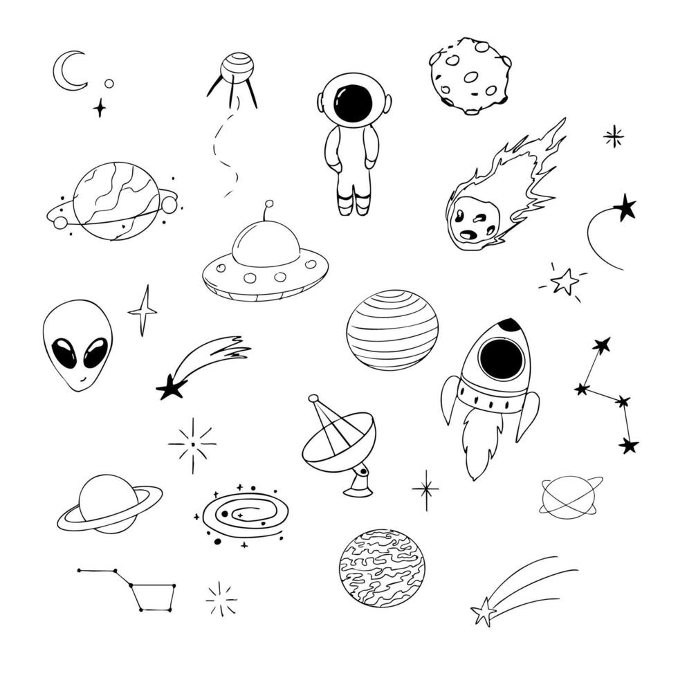 Space set alien, meteor, planets and spaceship line sketch hand drawn illustration. Set cosmic doodle elements. vector