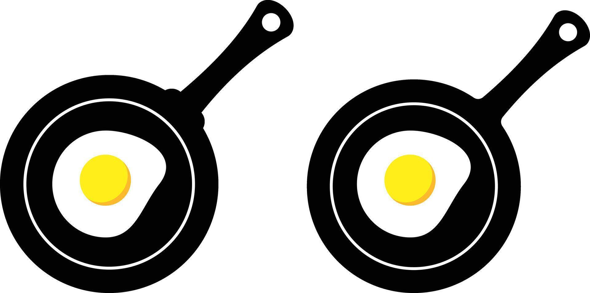 Frying pan icon with fried eggs. Protein breakfast of eggs. decorating menus symbols. Breakfast food sign. Frying utensil icons. kitchen accessories design vector