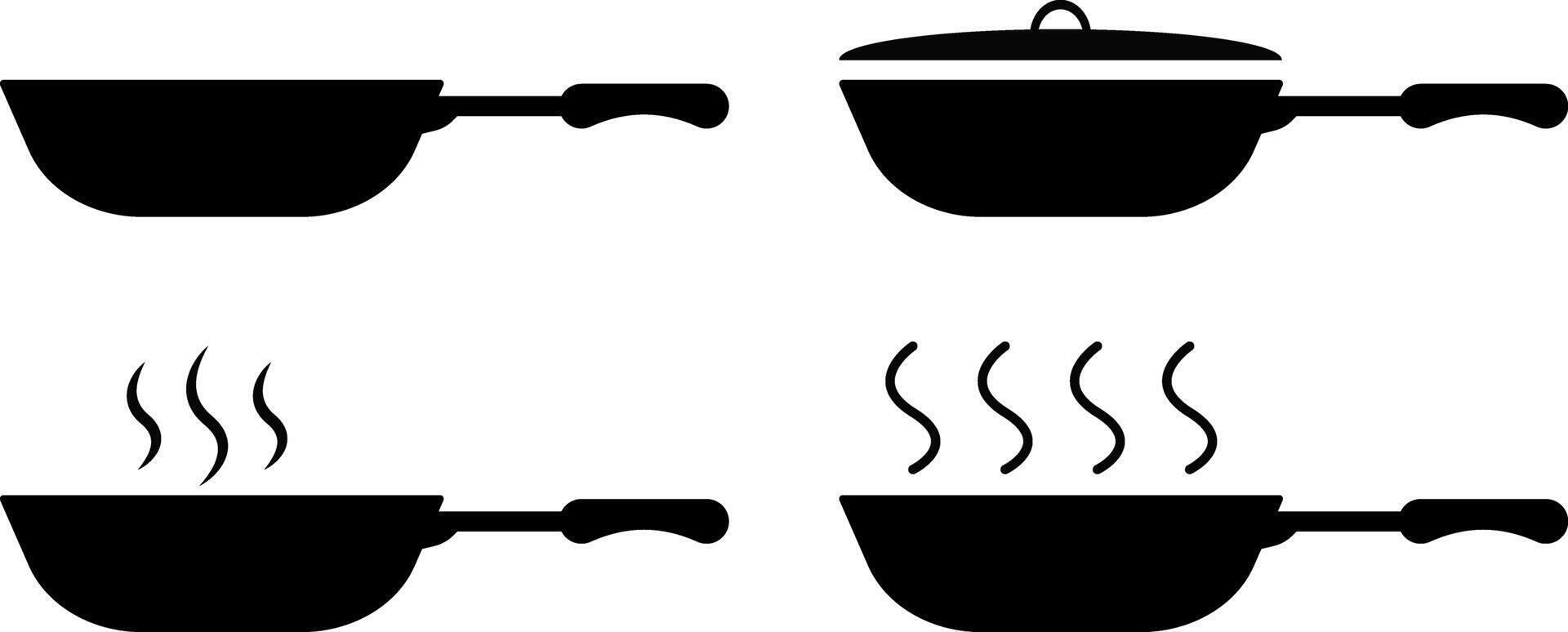 Cooking frying pan icons set. frying pan with rising steam. Symbolizing cooking and kitchen activities. kitchen preparation elements vector
