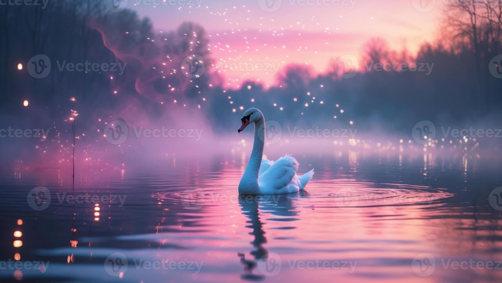Elegant swan gliding on a serene lake at dawn, surrounded by mist and soft glowing lights photo
