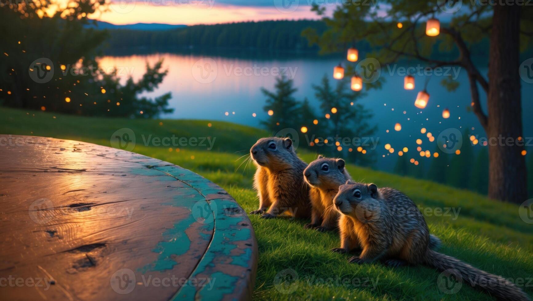 Three curious squirrels gather near a lakeside at sunset, with glowing lanterns illuminating the scene photo