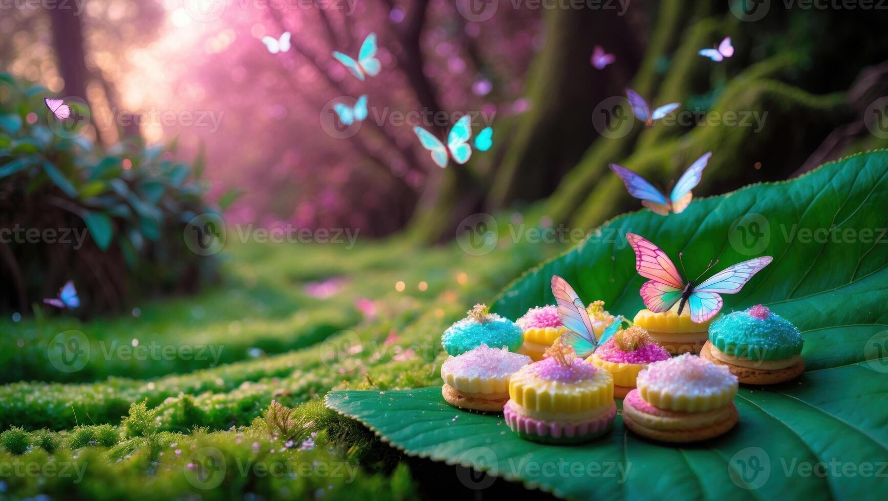 Colorful macarons on a large green leaf surrounded by butterflies in a vibrant forest setting photo
