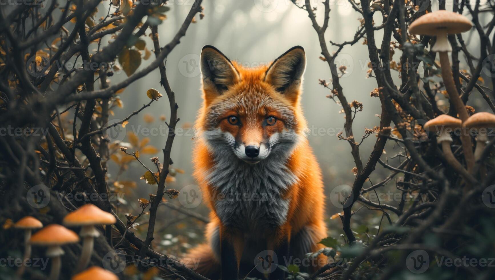 A majestic fox sits calmly among dense foliage and mushrooms in a misty forest, evoking tranquility photo