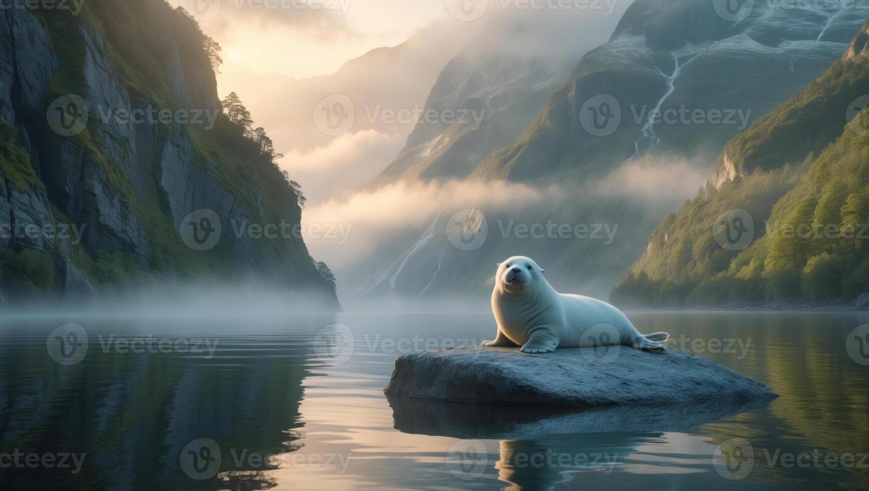 Serene seal resting on a rock in a misty fjord, surrounded by towering cliffs and tranquil waters photo