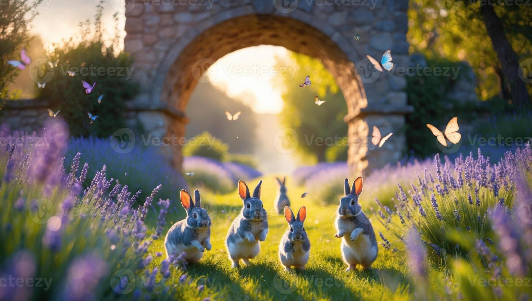 Playful rabbits frolicking through a vibrant lavender field under a stone archway at sunset photo