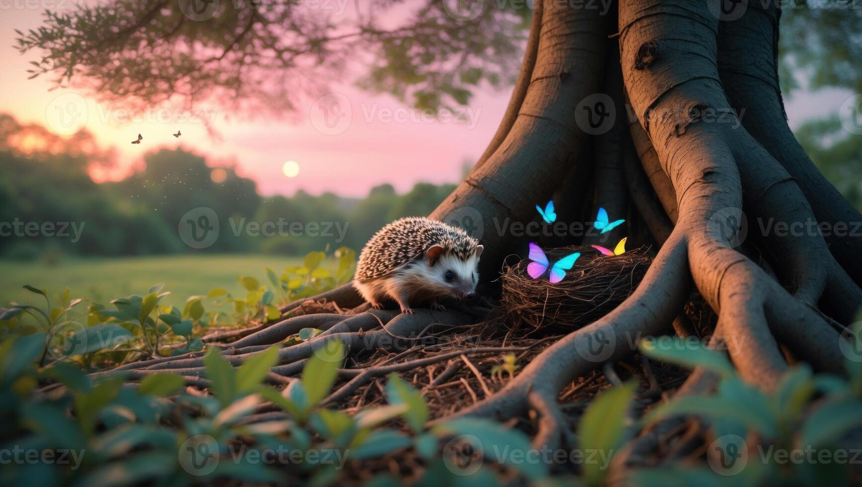 A hedgehog exploring a colorful butterfly nest at the base of a large tree during sunset photo