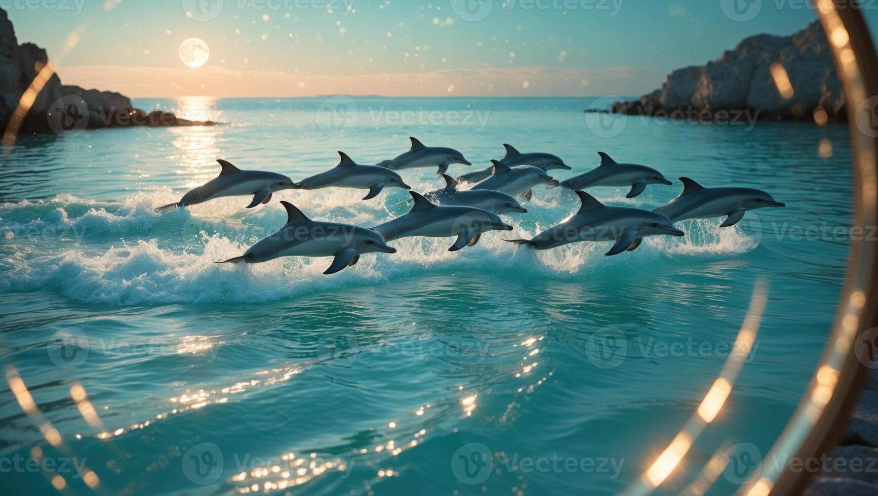 Dolphins gracefully leaping over turquoise waves at sunset, creating a serene coastal scene photo
