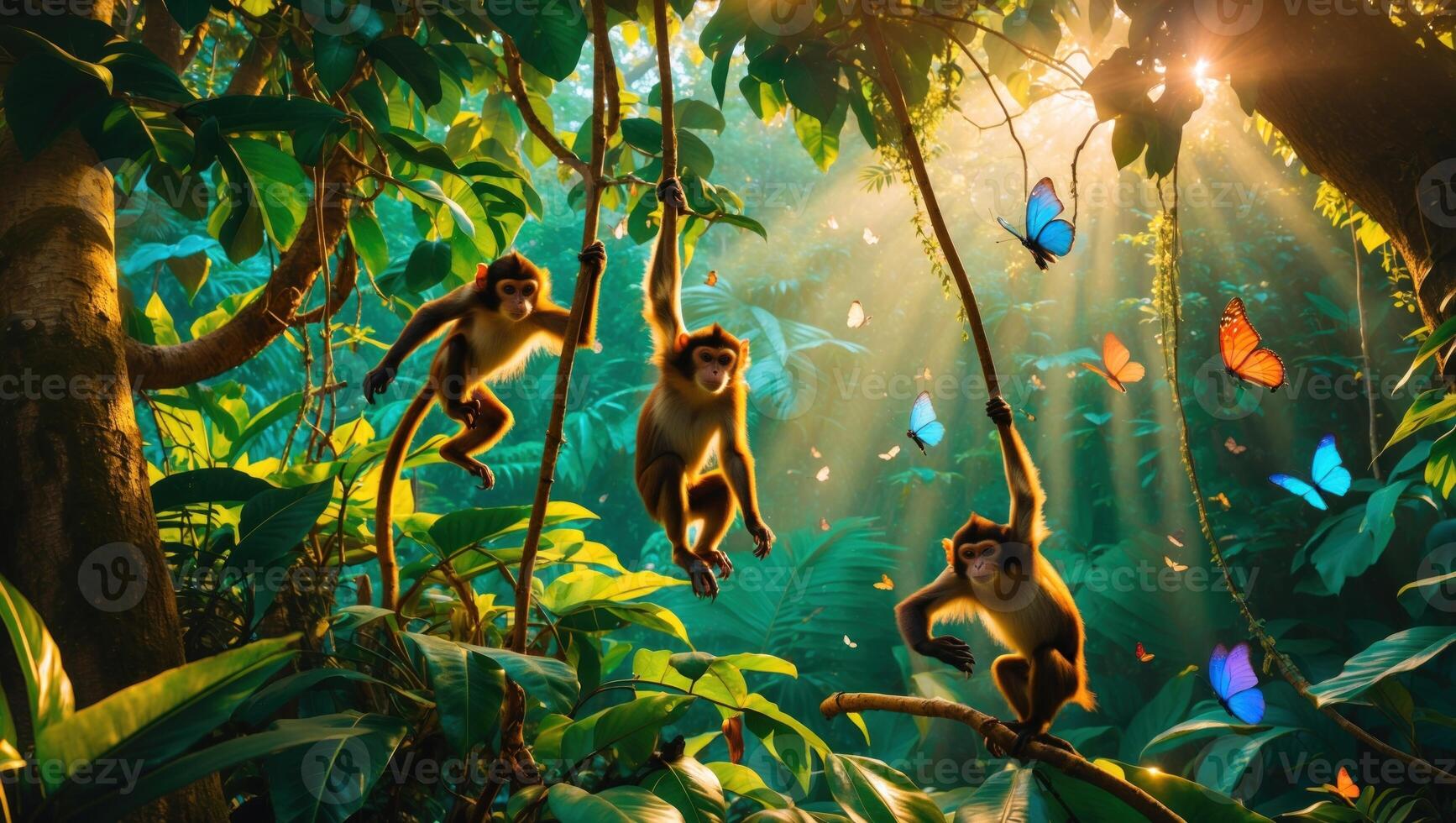 Playful monkeys swinging through lush jungle foliage, vibrant butterflies fluttering in sunlight photo
