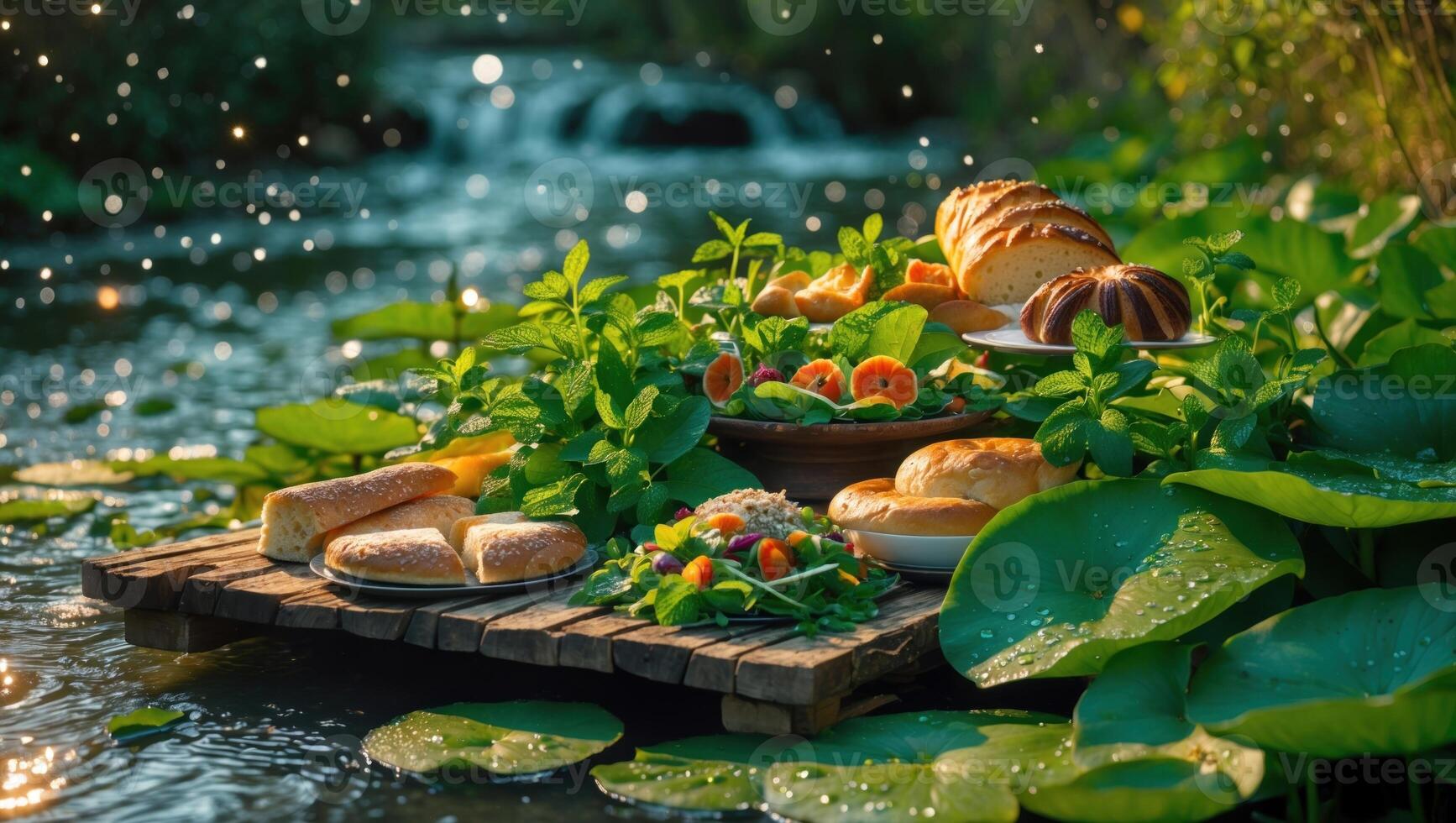 A serene picnic by a flowing stream featuring fresh bread, vibrant salads, and colorful fruits surrounded by lush greenery photo