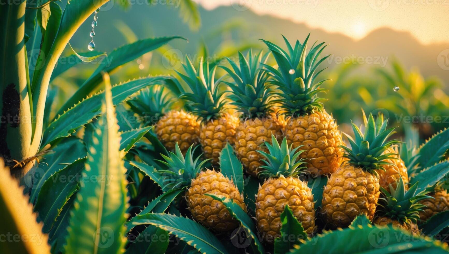 Lush pineapple field during sunset, showcasing ripe fruit surrounded by vibrant green leaves photo