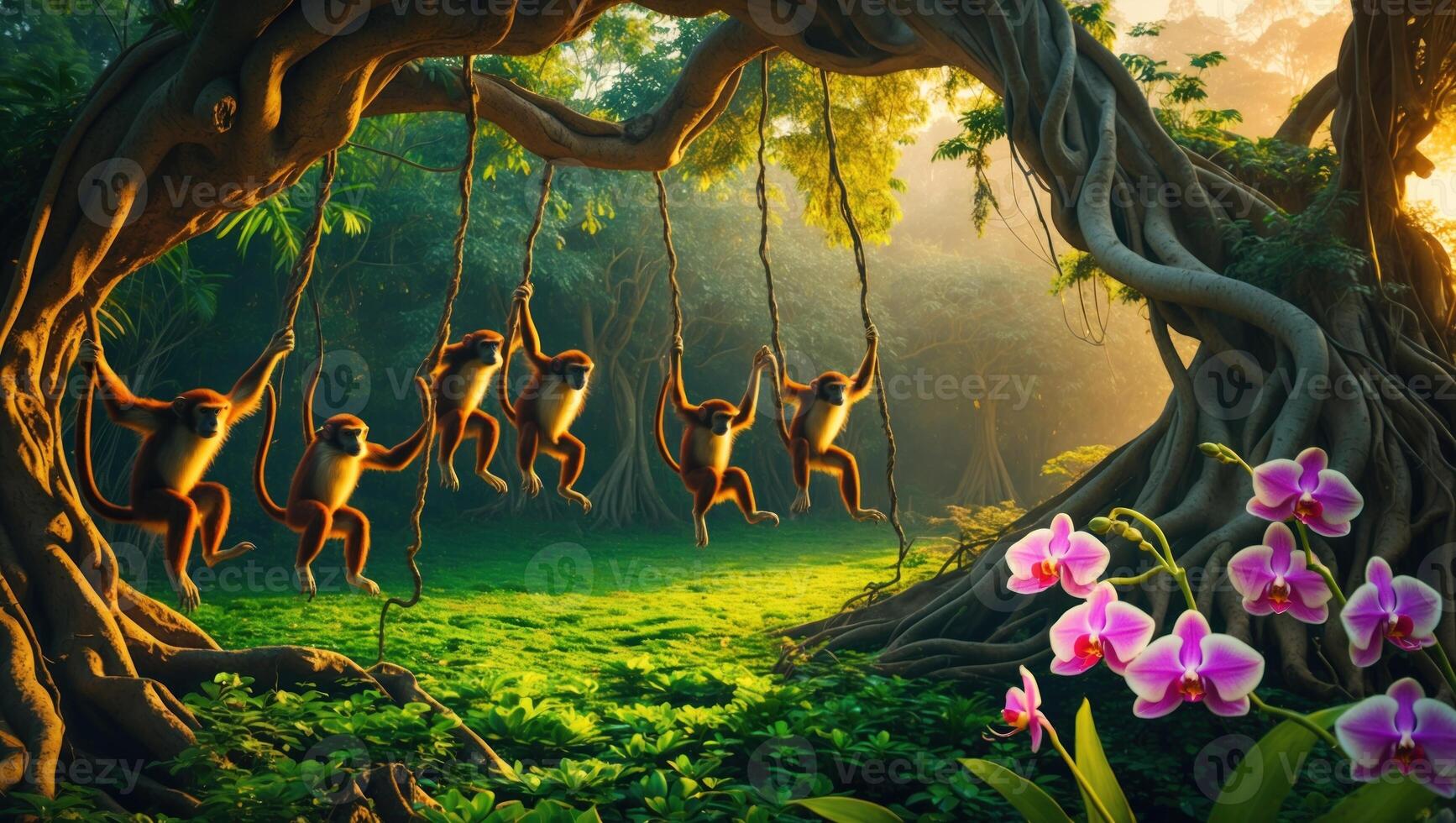 Playful monkeys swinging on vines in a lush jungle, surrounded by vibrant orchids and sunlight photo