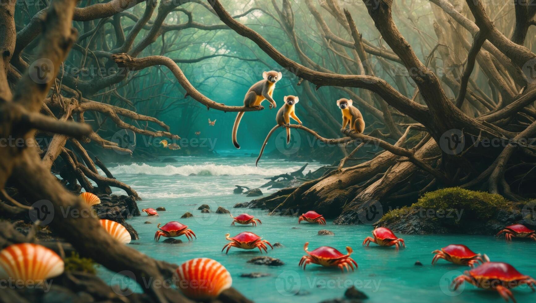 Two monkeys playfully interact on branches above a serene river filled with crabs and shells photo