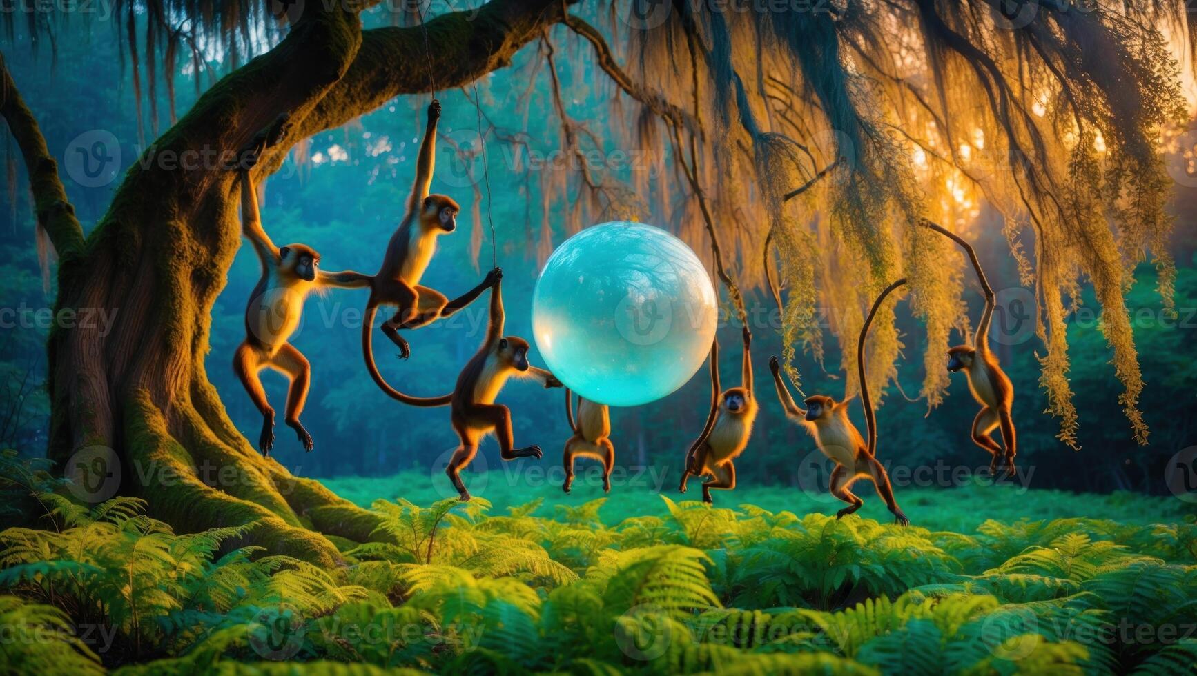Playful monkeys interacting with a glowing orb in a vibrant forest filled with ferns and sunlight photo