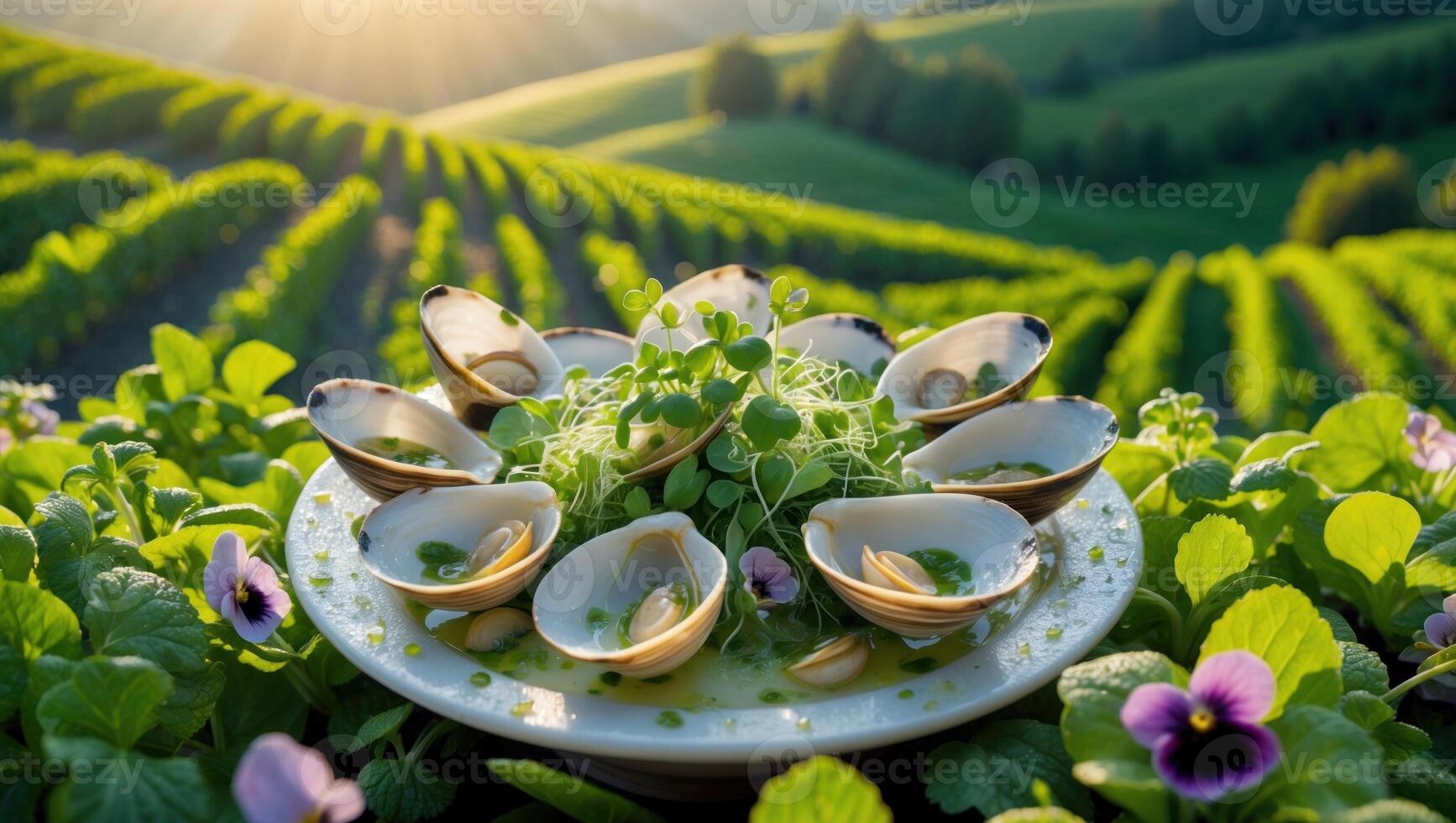 Elegant seafood platter featuring fresh clams served in a picturesque vineyard at sunset photo