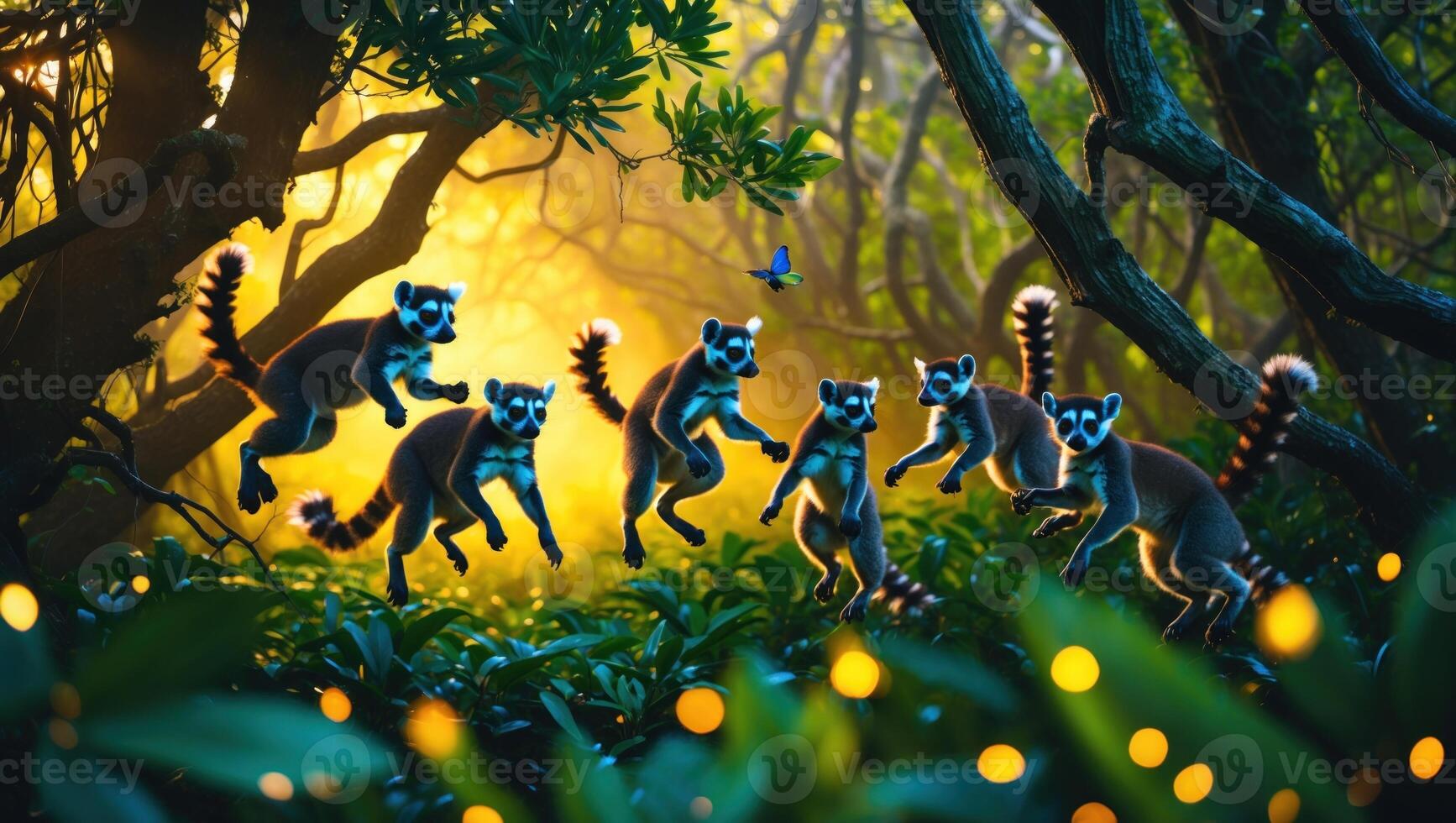 Playful lemurs leap through a vibrant jungle, illuminated by soft sunlight and surrounded by lush greenery photo