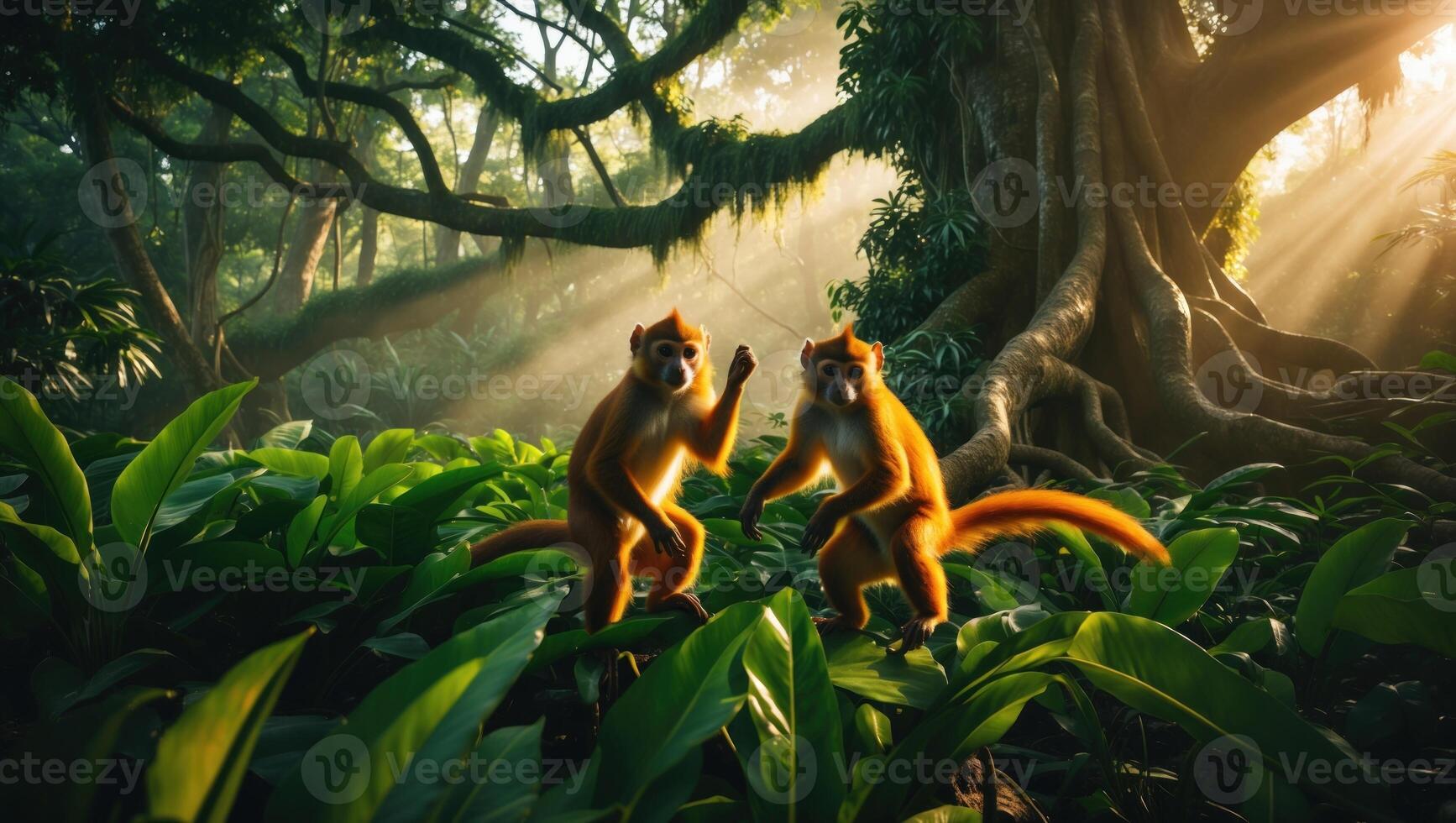 Two playful monkeys interacting in a lush jungle, with dappled sunlight filtering through trees photo