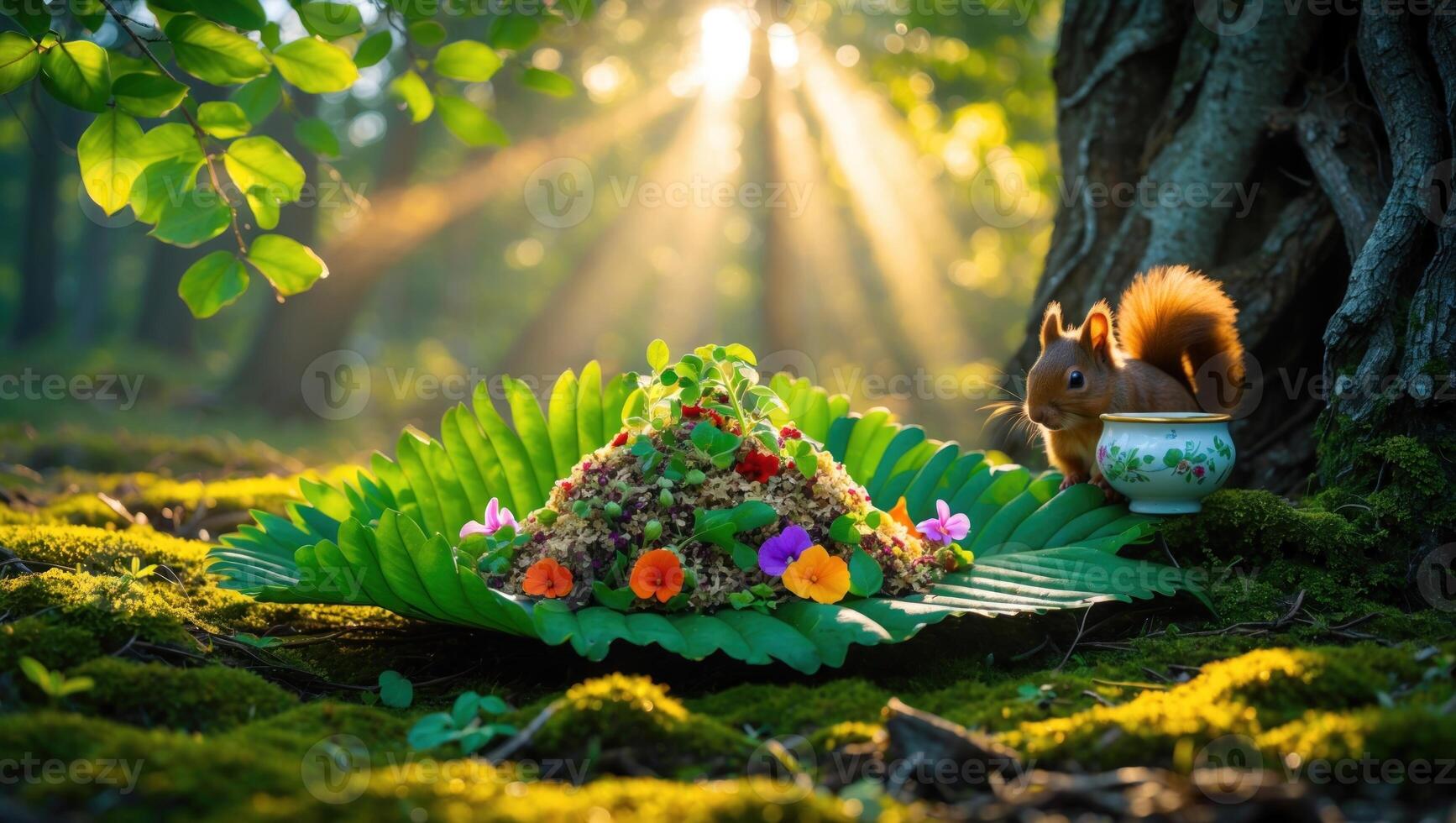 Squirrel Enjoying a Colorful Feast in a Sunlit Forest Clearing Surrounded by Lush Greenery photo