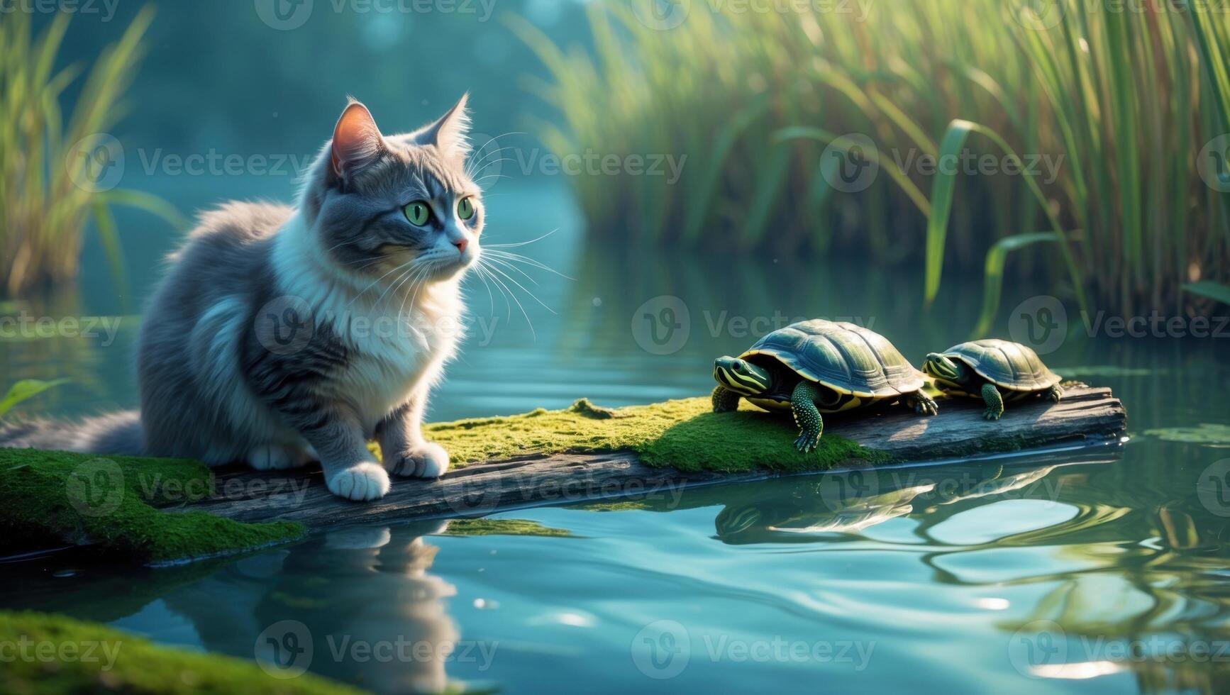 A serene scene featuring a curious cat observing two turtles on a log in a tranquil pond surrounded by greenery photo