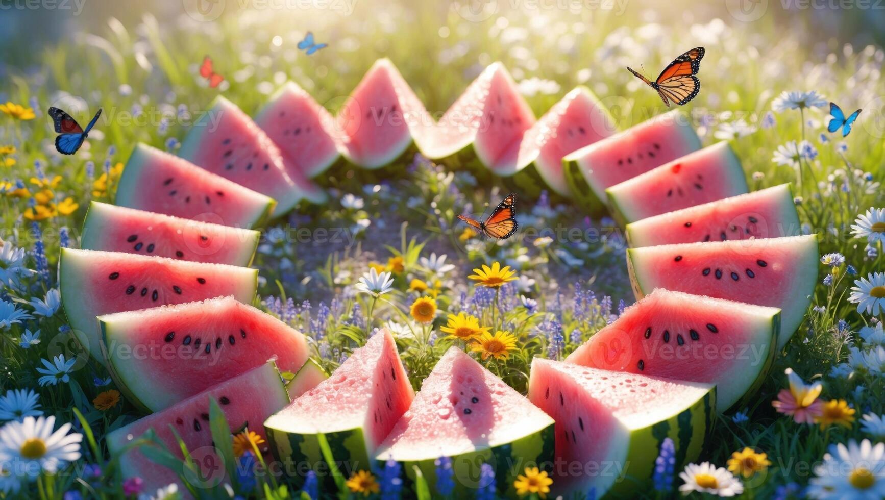Slices of juicy watermelon arranged in a circular pattern surrounded by colorful flowers and butterflies photo