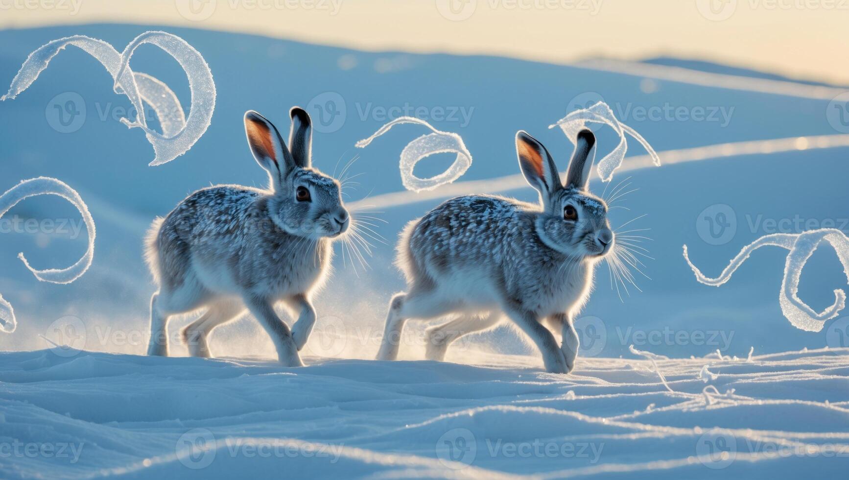 Two playful hares running through a snowy landscape, with swirling frost patterns in the background photo