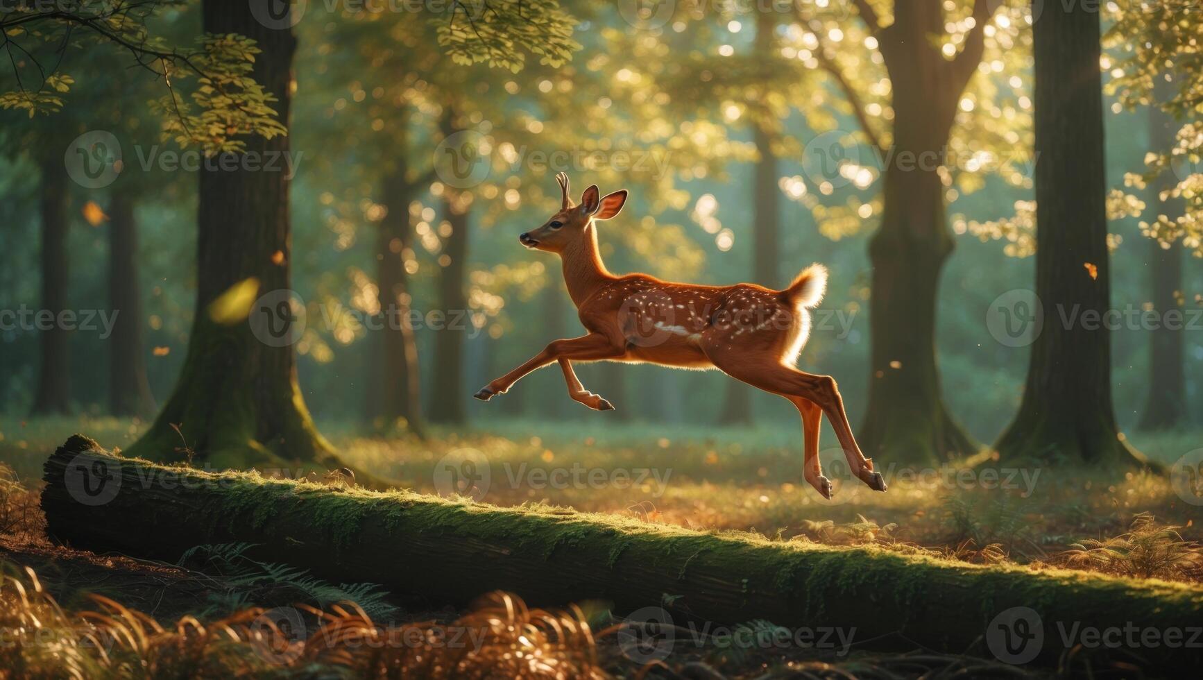 Young deer gracefully leaps over a fallen log in a sun-drenched forest, surrounded by vibrant foliage photo