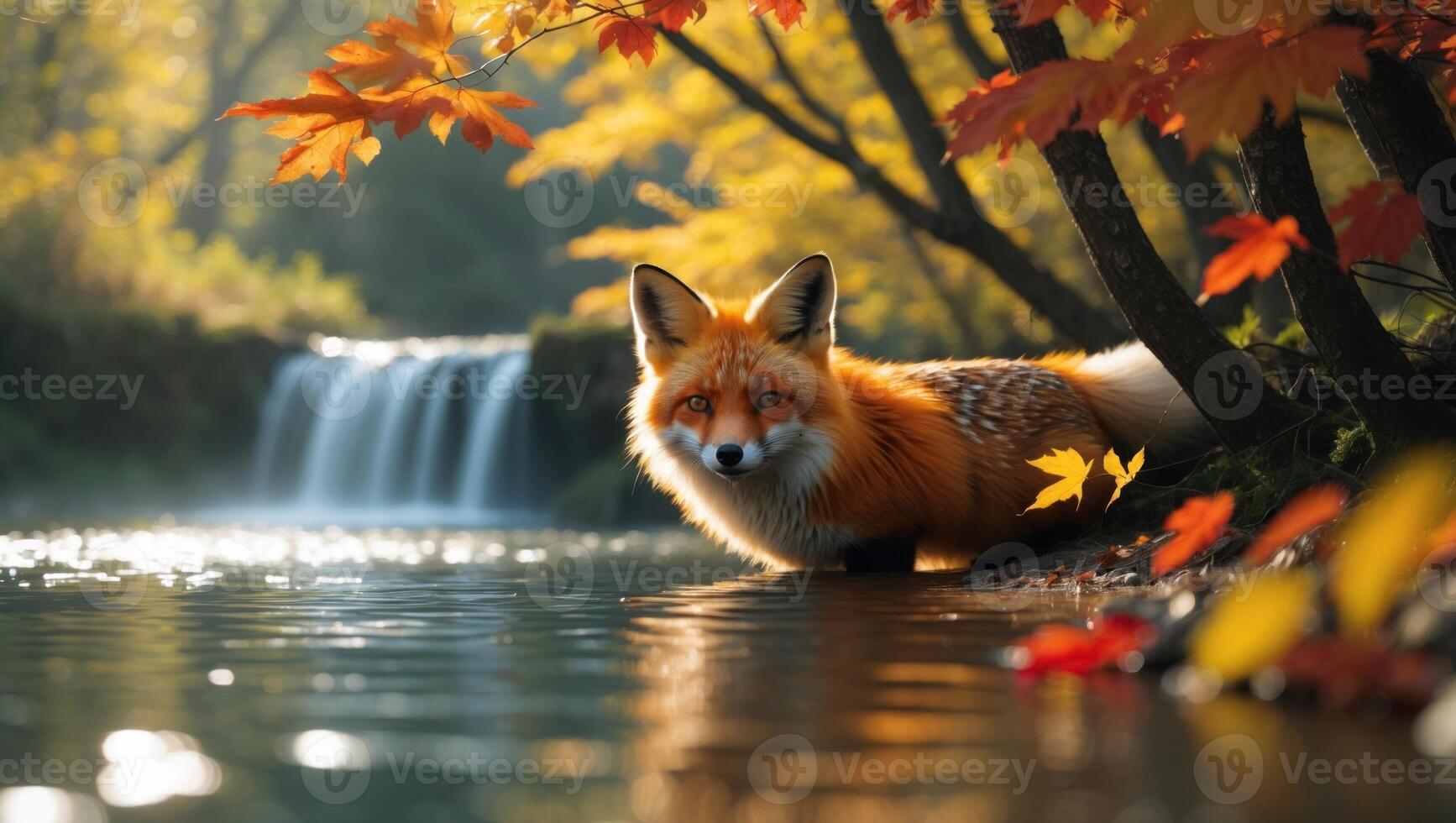 A serene red fox by a tranquil stream, surrounded by vibrant autumn leaves and a gentle waterfall photo