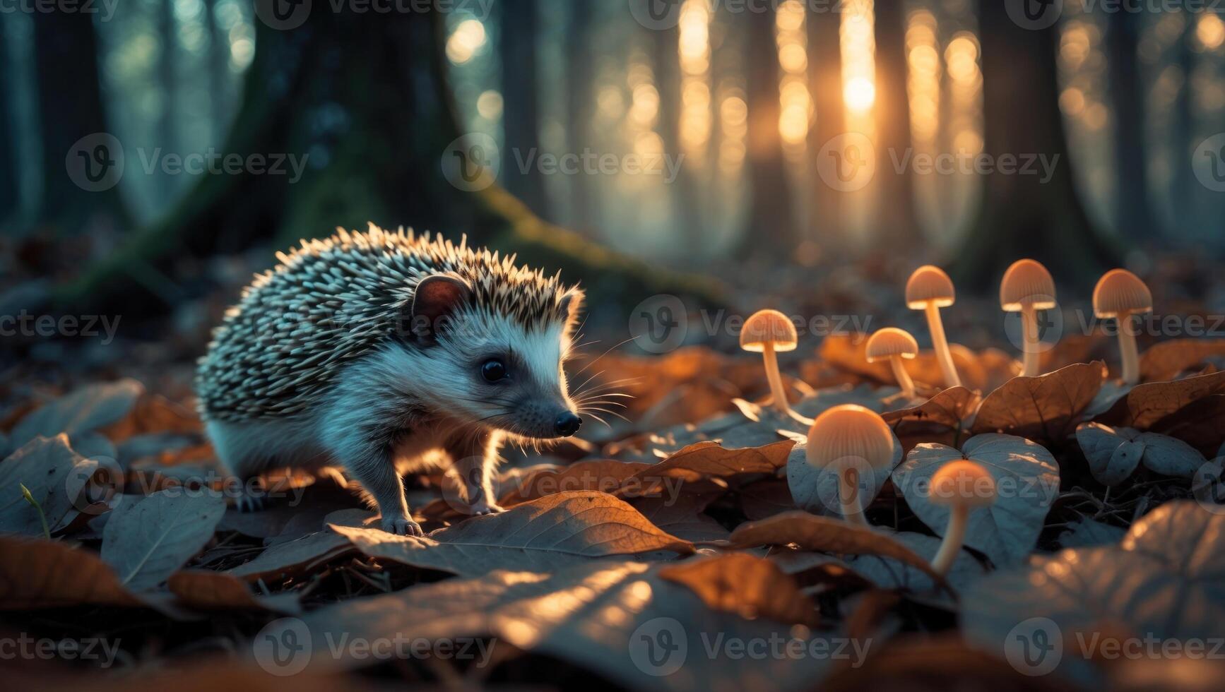 A hedgehog exploring a forest floor adorned with mushrooms during a serene sunset photo