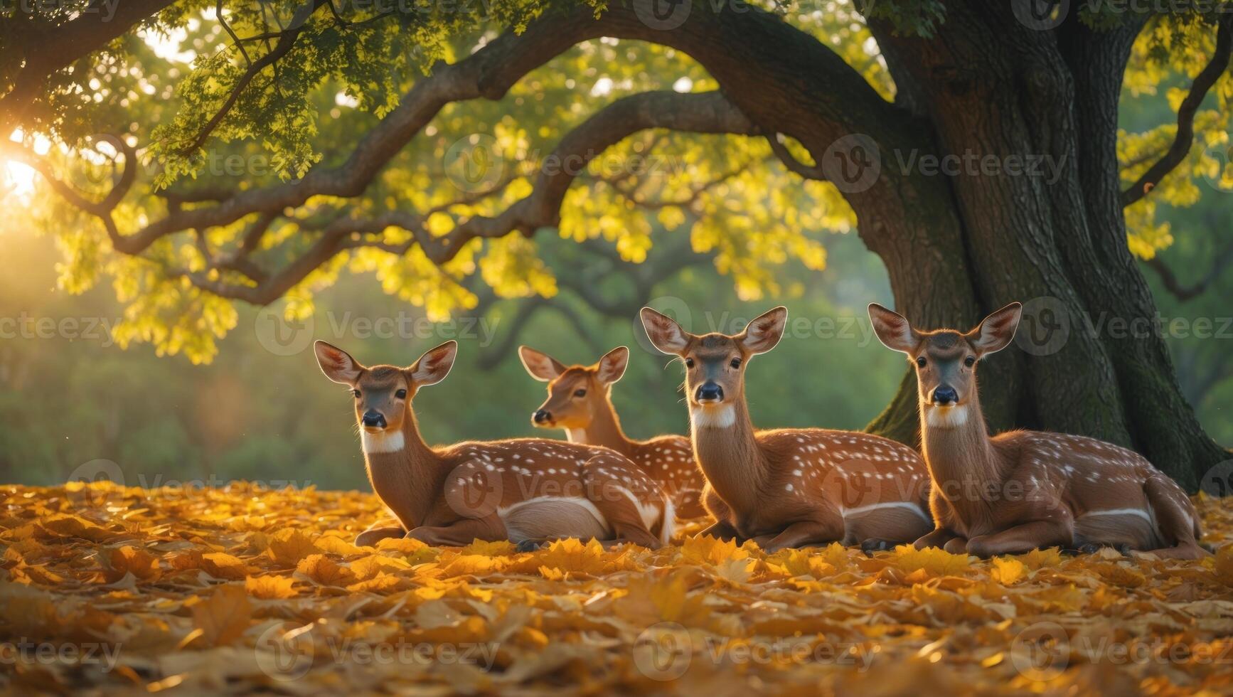 Four deer resting on a bed of golden leaves beneath a large tree in a serene autumn forest photo