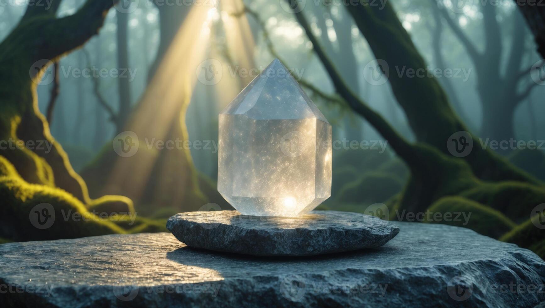 Ethereal crystal prism illuminated in a misty forest, casting light on mossy stones and trees photo